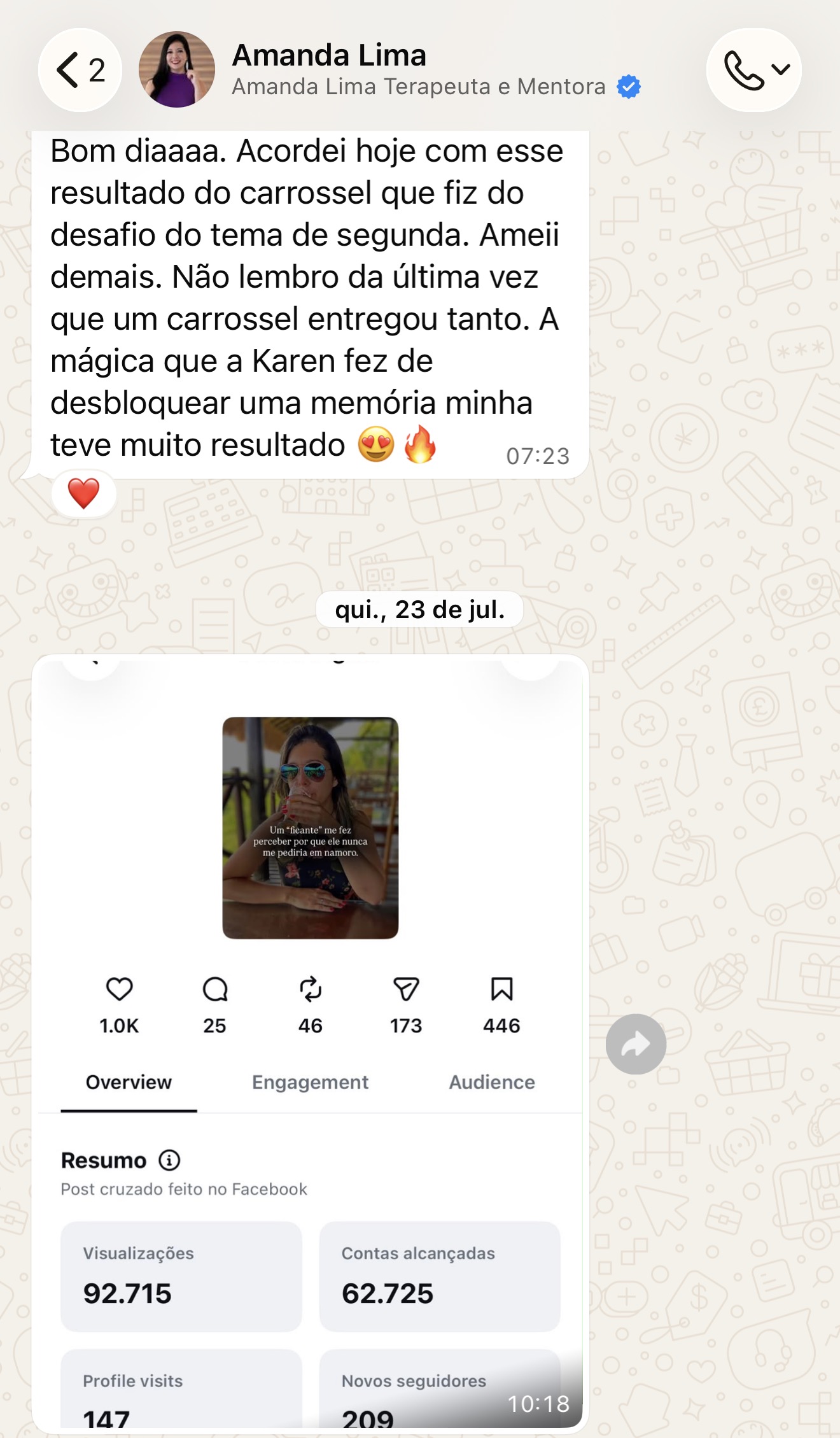 Depoimento — carrossel do desafio alcançou quase 93 mil visualizações